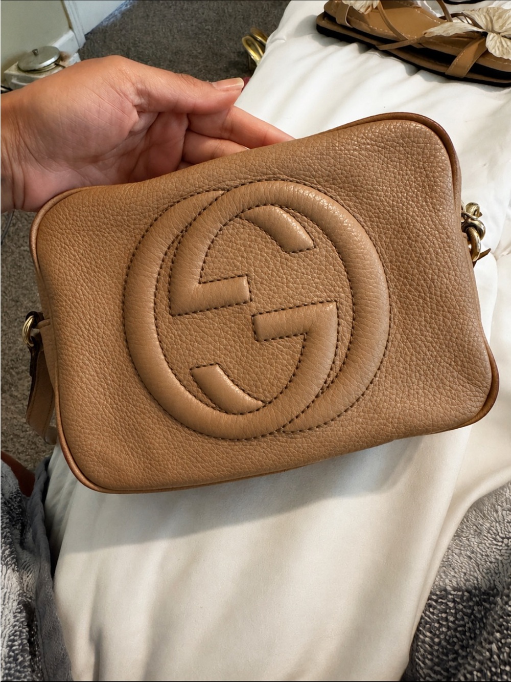 Gucci Tan Pebbled Leather Crossbody with Embossed GG